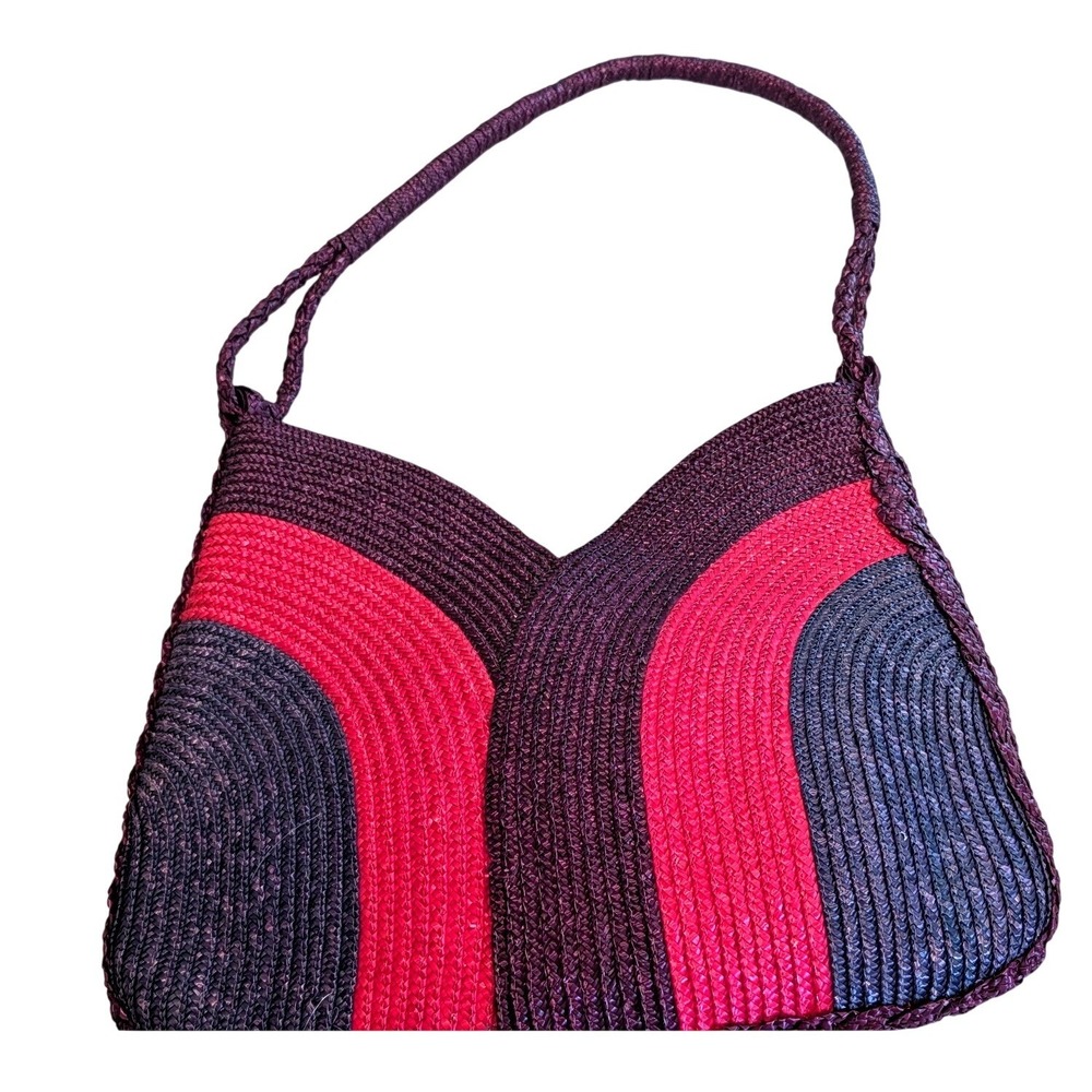 Vintage Tianjin Woven Straw Shoulder Bag Purple Pink Geometric Color Block Purse